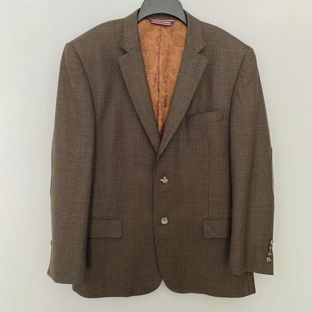 Luciano Carreli Super 150's Sports Jacket Blazer Mens 42R Houndstooth Wool Elbow